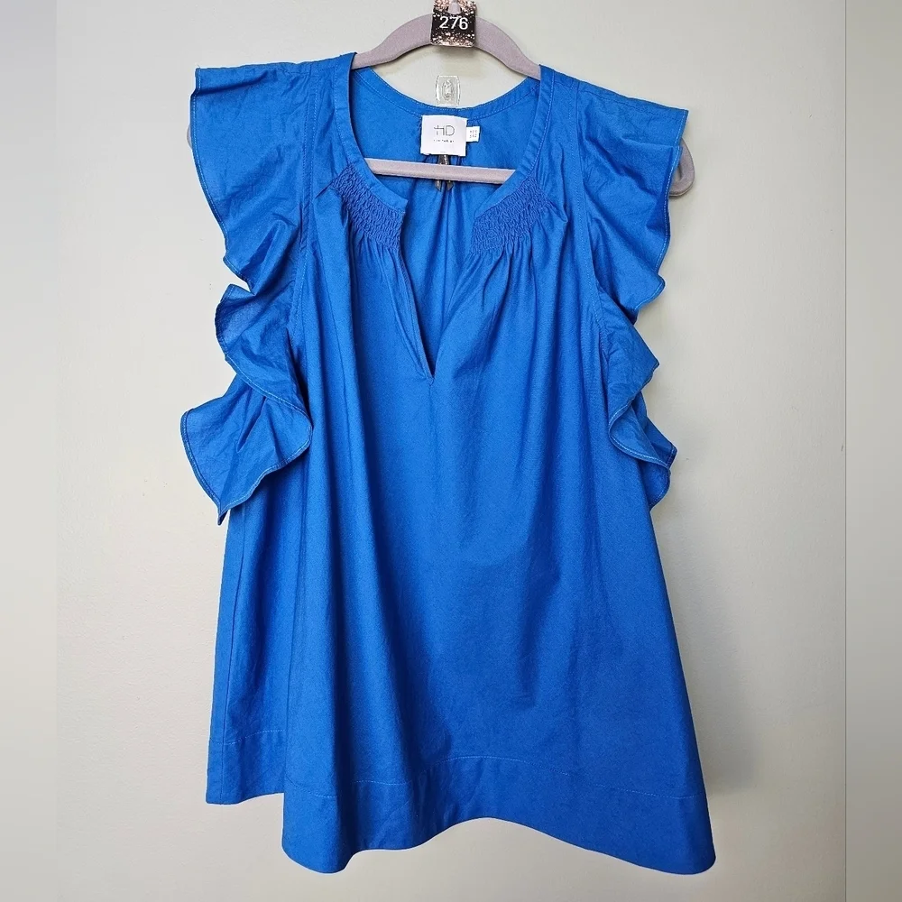 HD in Paris by Anthropologie Royal Blue Ruffle Sleeve Ruched V Neck, Size 10 - Picture 3 of 9